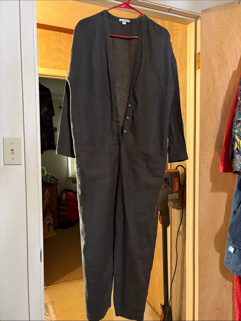 James Perse dark grey Long-Sleeve linen Utility Jumpsuit 2